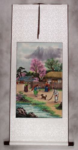 North Korean Happy Village Wall Scroll