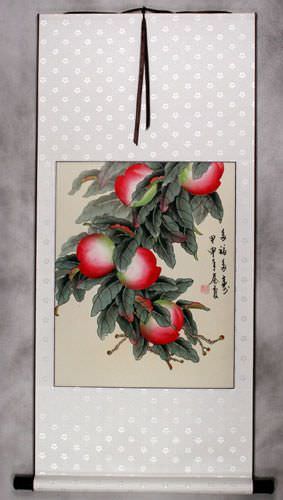 Many Good Wishes and a Very Long Life Peach Tree Wall Scroll