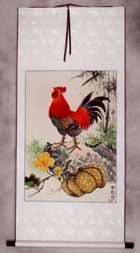 Asian Farmyard Rooster Wall Scroll