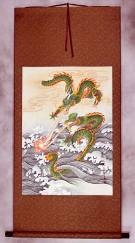 Two Dragons Pearl Fireball Revelry - Wall Scroll