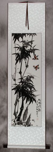 Chinese Birds and Bamboo Wall Scroll