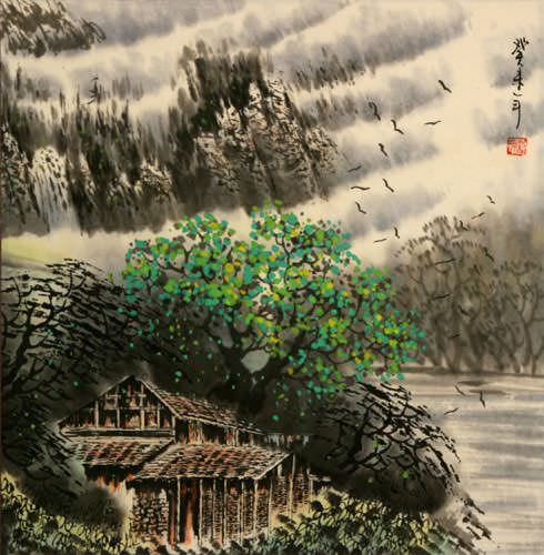 Springtime Riverside Village Landscape Painting