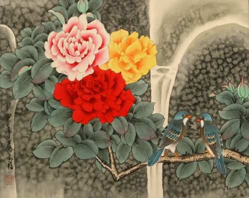 Birds Flowers Waterfall Painting