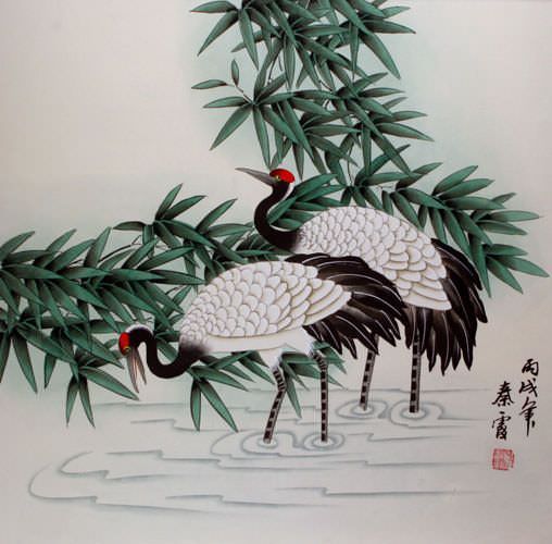 Chinese Cranes and Bamboo Painting