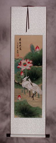 Morning Dew of the Lotus Pond - Egrets Wall Scroll