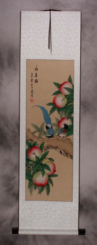 Many Good Wishes and a Very Long Life Peach Tree Wall Scroll