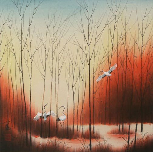 Sunset Dyes the Forest with Color - Asian Painting