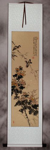 Birds and Chrysanthemum Flowers Wall Scroll