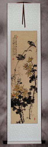 Birds and Chrysanthemum Flowers Wall Scroll