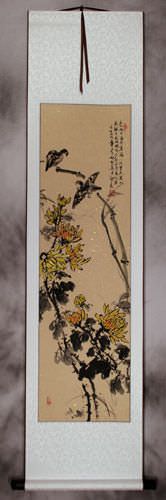 Birds and Chrysanthemum Flowers Wall Scroll