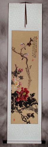 Birds and Peony Flowers Wall Scroll