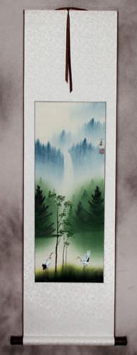 Waterfall Delight Asian Cranes Landscape - Small Wall Scroll
