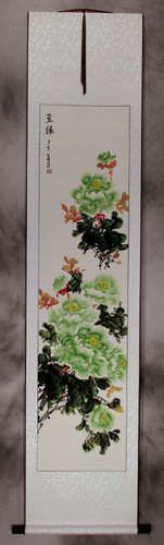Long Green Peony Flower Wall Scroll