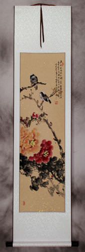Birds and Peony Flowers Wall Scroll