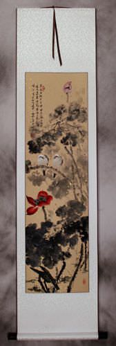 Bird and Lotus Flowers Wall Scroll
