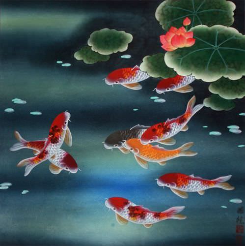 Nine Koi Fish and Lotus Flowers Painting