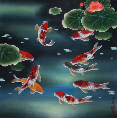 Nine Koi Fish and Lotus Flowers Painting