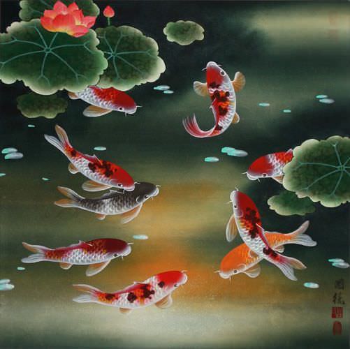 Nine Koi Fish and Lotus Flowers Painting