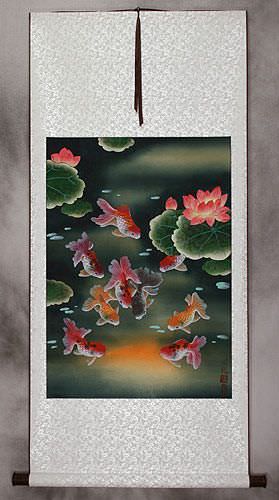 Gold Fish & Flowers - Asian Wall Scroll