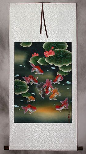 Gold Fish & Flowers - Asian Wall Scroll