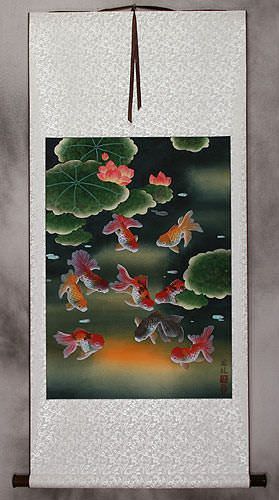 Gold Fish & Flowers - Asian Wall Scroll