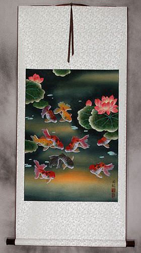 Gold Fish & Flowers - Asian Wall Scroll