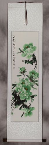 Green Peony Flower Wall Scroll