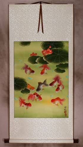 Gold Fish & Flowers - Asian Wall Scroll