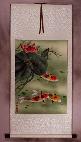 Koi Fish & Lotus Flower - Asian Art Scroll