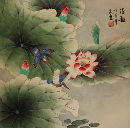 Kingfisher Birds - Lotus Pond Painting