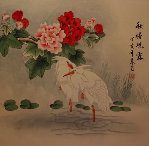 Egrets - Autumn Pond, Morning Dew Painting