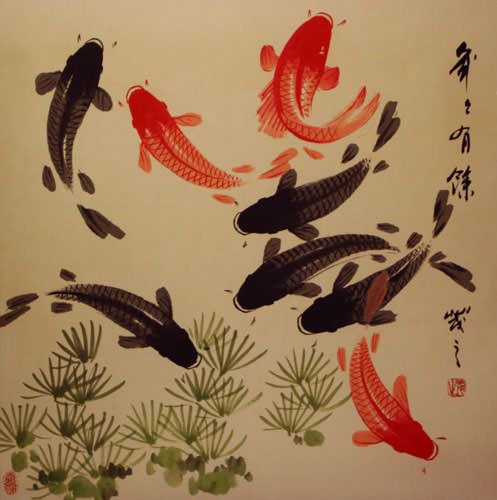 Large Koi Fish Painting on Antiqued Paper