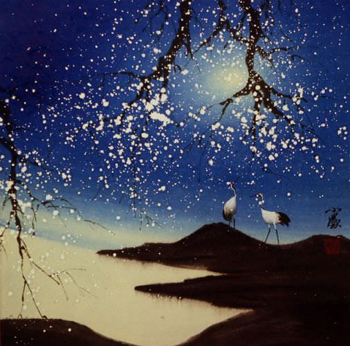 Blue Dreams - Chinese Cranes Landscape Painting