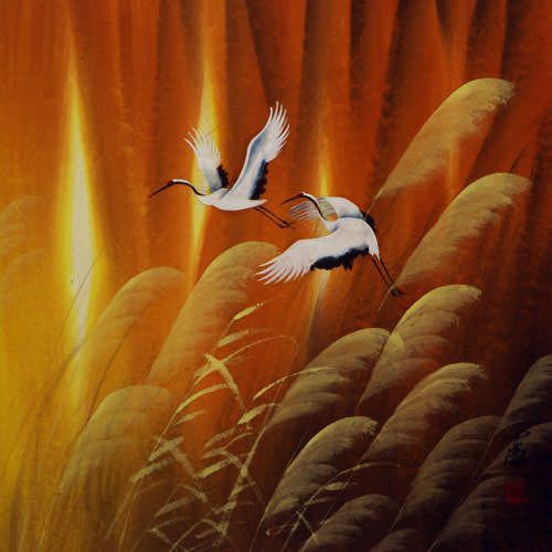 Autumn Flight - Colorful Chinese Cranes Painting