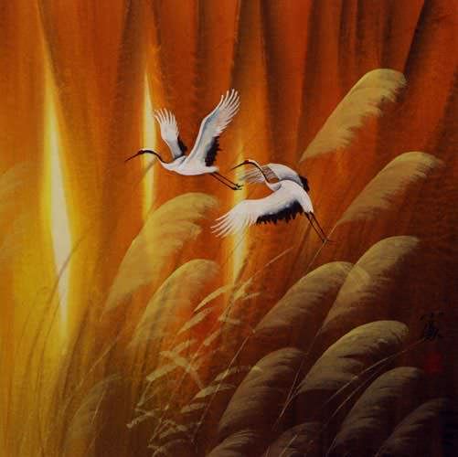 Autumn Flight - Colorful Chinese Cranes Painting