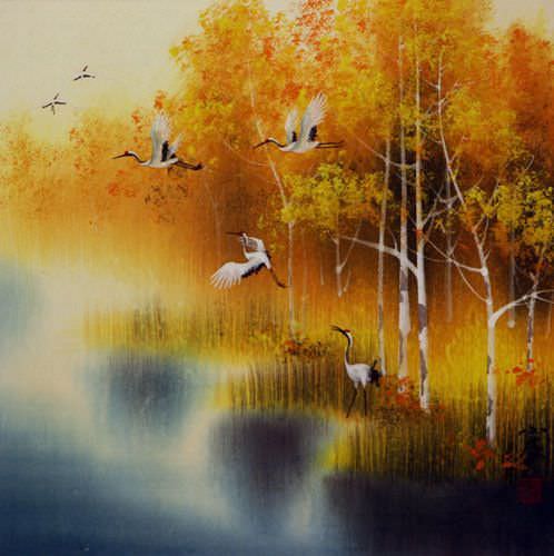 Autumn Rhyme - Colorful Asian Cranes Painting