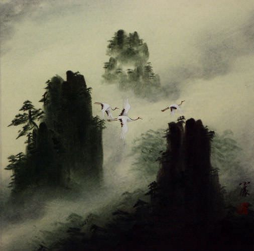 Immortal Guests - Flying Cranes Landscape Painting