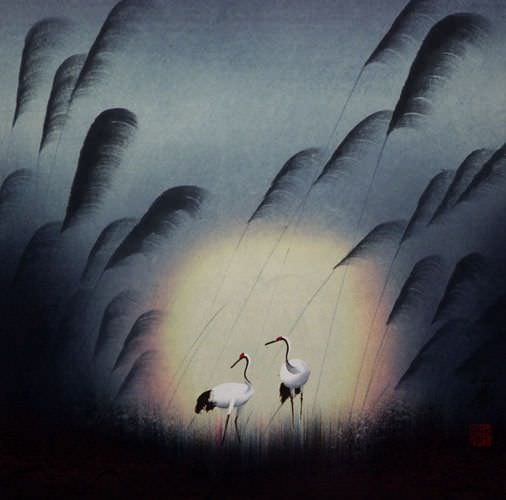 Cranes in Reed Grass - Asian Art Painting