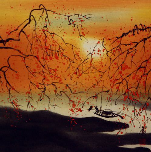 Resting Birds #2 - Colorful Asian Art Landscape Painting