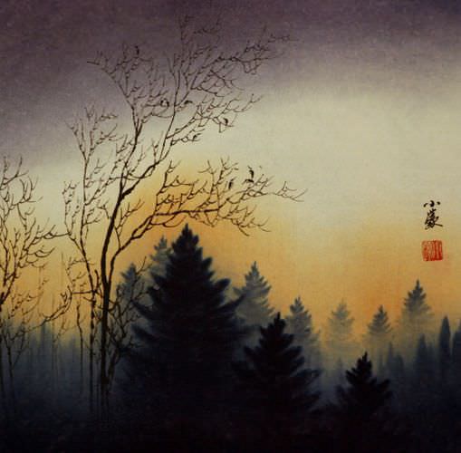 Twilight Birds - Colorful Asian Landscape Painting