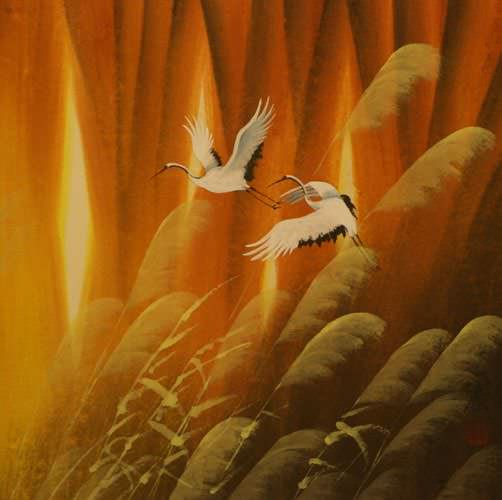 Autumn Flight - Colorful Chinese Cranes Painting