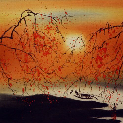 Resting Birds #2 - Colorful Asian Art Landscape Painting