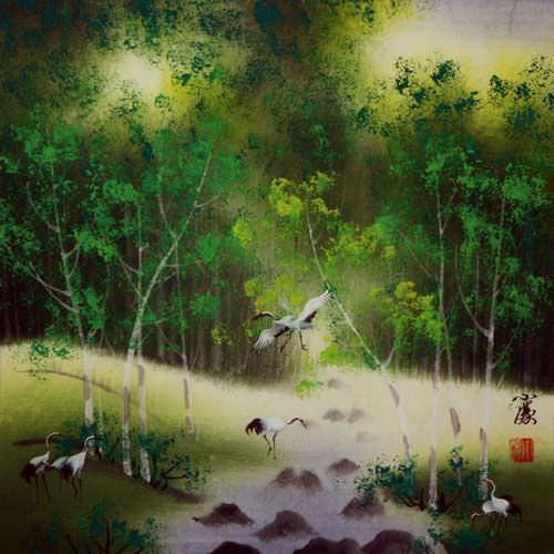 Singing Cranes - Mountain Stream Painting