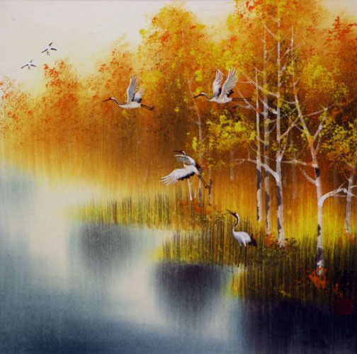 Autumn Rhyme - Colorful Asian Cranes Painting
