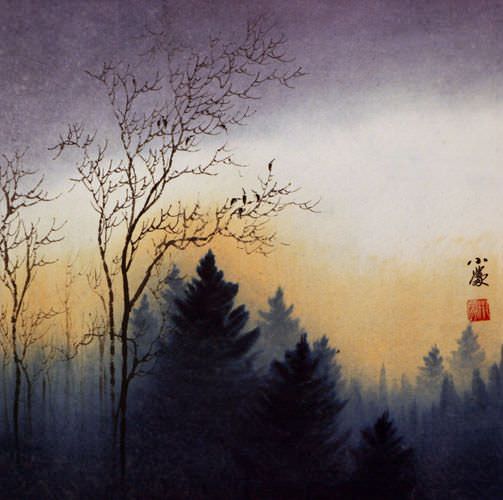 Twilight Birds - Colorful Asian Landscape Painting