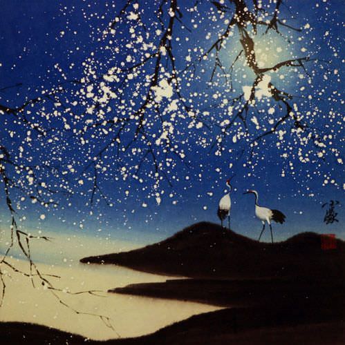 Blue Dreams - Chinese Cranes Landscape Painting