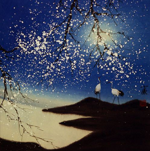 Blue Dreams - Chinese Cranes Landscape Painting