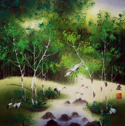 Singing Cranes - Mountain Stream Painting