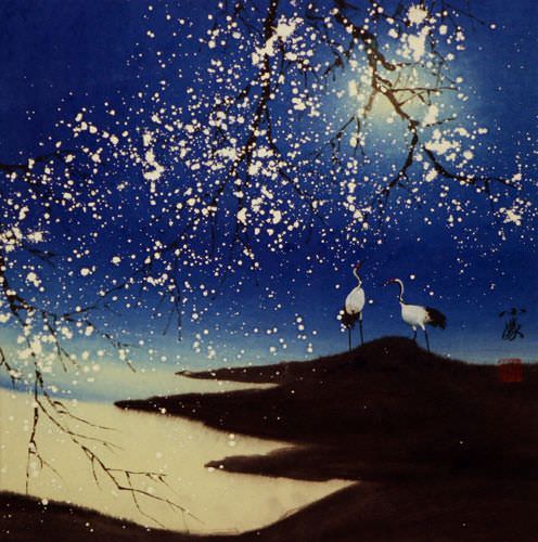 Blue Dreams - Chinese Cranes Landscape Painting