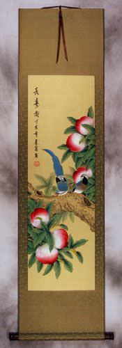 Longevity Birds - Peach Tree Wall Scroll